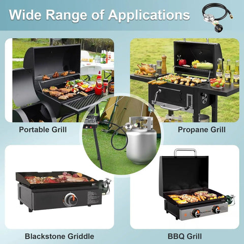 Image showing portable grill, propane grill, Blackstone griddle, and BBQ grill with Three Feet Propane Regulator With Hose For Most Gas Grills Heaters And Fire Pits Universal Propane Tank Regulator With Three Eighths Inch Female Flare Nut 3 Ft LP Hose.