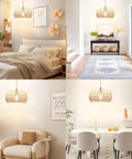 Real Deal Plug In Pendant Light Featuring Woven Rattan Shade And Hassle Free On Off Switch in bedroom and dining area, cozy ambiance.
