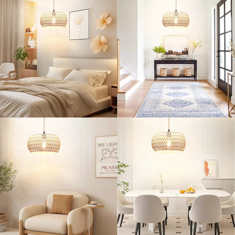Real Deal Plug In Pendant Light Featuring Woven Rattan Shade And Hassle Free On Off Switch in bedroom and dining area, cozy ambiance.