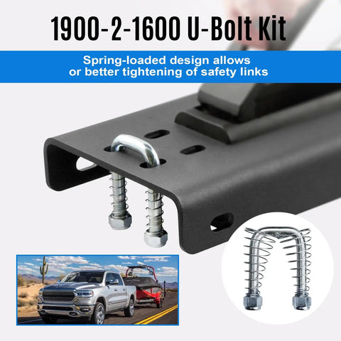 Replacement Safety Chain U-Bolt Kit For Gooseneck Hitches showing galvanized U-bolts installed on a trailer hitch.