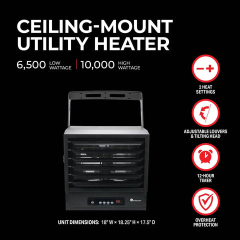 Ceiling Mount Garage Heater 7500W And 6250W 240V With Adjustable Louvers And Tilt Head Overheat Protection High Low Heat