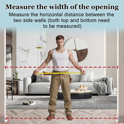 Person measuring doorway width with a tape measure for installing Extra Wide Baby Gate With Triple Lock System Pressure Mounted