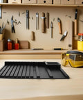 DIY Model Frame Organizer Tray With Multi Tier Adjustable Compartments For Workshop Use Handy Plastic Hobby Tool Sorting Rack To Boost Productivity And Safely Hold Parts black plastic tray on workshop bench