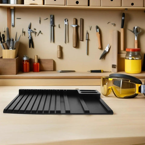 DIY Model Frame Organizer Tray With Multi Tier Adjustable Compartments For Workshop Use Handy Plastic Hobby Tool Sorting Rack To Boost Productivity And Safely Hold Parts black plastic tray on workshop bench