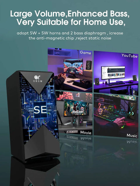 Display of 10W RGB PC Speakers with Volume Control and Gamer Grade Colorful LED Lighting for gaming, music, and movies setup.
