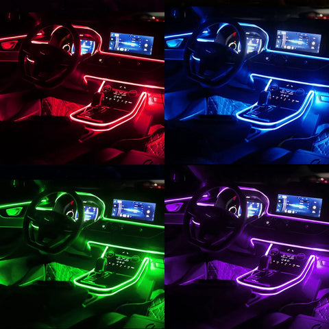Jushope fiber-optic interior car lighting kit with 236-inch PMMA light guide cable, RGB color strips along dashboard