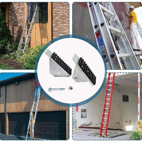 Anti Skid Ladder Feet Replacement Shoes Kit For Extension Ladders Aluminum Foot Pads 2 Pack shown with various ladder setups