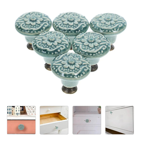Six Old School Vintage Ceramic Drawer Pulls Set, Antique Single Hole Cabinet Knobs for dressers, cupboards in celadon blue