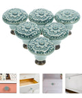 Retro Ceramic Drawer Knobs Antique Single Hole Cabinet Handles For Kitchen Wardrobe Cupboard Doors With Vintage Floral Pattern In Celadon Blue Finish Set