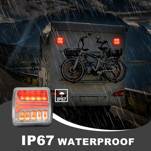 Wireless Trailer Lights Kit With Magnetic Mounts And Two Easy Mounting Options on RV, glowing in rain, IP67 waterproof, red lights