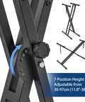 Close-up of the adjustable height mechanism on a Heavy Duty X Style Keyboard Stand For 54 To 88 Key Electric Pianos And Synth.