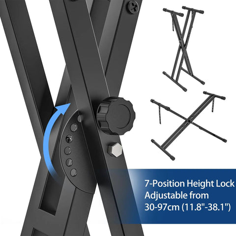 Close-up of the adjustable height mechanism on a Heavy Duty X Style Keyboard Stand For 54 To 88 Key Electric Pianos And Synth.