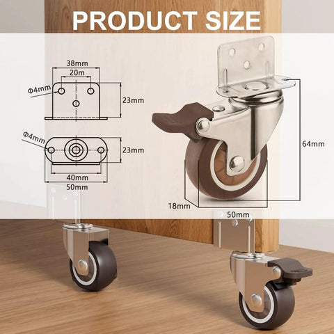 2 Inch L Shaped Caster Set Of 4 With Ball Bearing 360 Degree Swivel Wheels 450 Lbs Per Castor, dimensions shown.