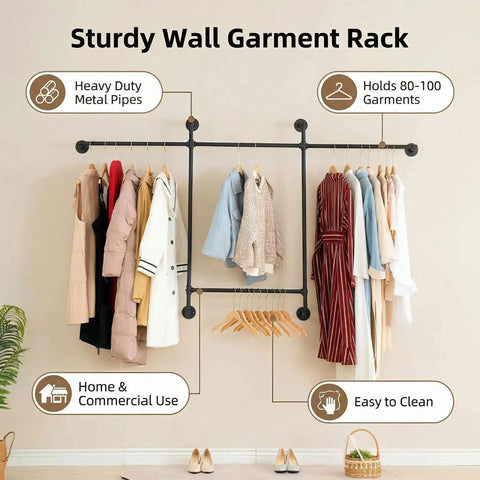 Heavy Duty Industrial Pipe Clothing Rack With Four Hanging Rods Wall Mounted Garment Rack Black Steel Frame with garments organized.