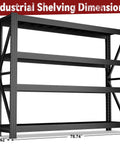 Beefed Up 4 Tier Storage Shelving Black Industrial Grade Rack Cracks Under Up To 6000 Lbs Pressure, dimensions displayed.
