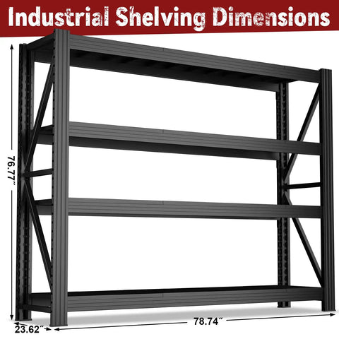 Beefed Up 4 Tier Storage Shelving Black Industrial Grade Rack Cracks Under Up To 6000 Lbs Pressure, dimensions displayed.