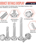 Product Details Display showing 450 Piece Self Tapping Screws Kit Made From 410 Stainless Steel For Fast Strong Mounts In Metal Plastic And Wood With Lengths From One Half Inch To One And One Quarter Inch In A Rust Resistant Silver Finish