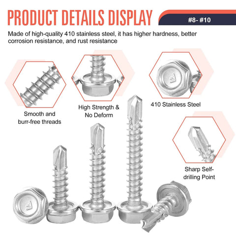 Product Details Display showing 450 Piece Self Tapping Screws Kit Made From 410 Stainless Steel For Fast Strong Mounts In Metal Plastic And Wood With Lengths From One Half Inch To One And One Quarter Inch In A Rust Resistant Silver Finish