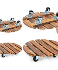 Tough Wood Plant Stand With Wheels 12 Inch Rolling Planter Caddy Four Pack durable wood carts with swivel casters, view from different angles.