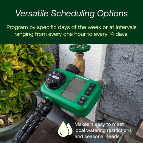 Electronic Digital Hose End Timer Battery Powered Three Quarter Inch Hose Thread Heavy Duty Brass Inlet Dual Outlets Adjustable Run Times from One Minute to Three Hours Twice Daily No Fuss Manual Watering Up To Seventy Two Hours supporting local watering restrictions