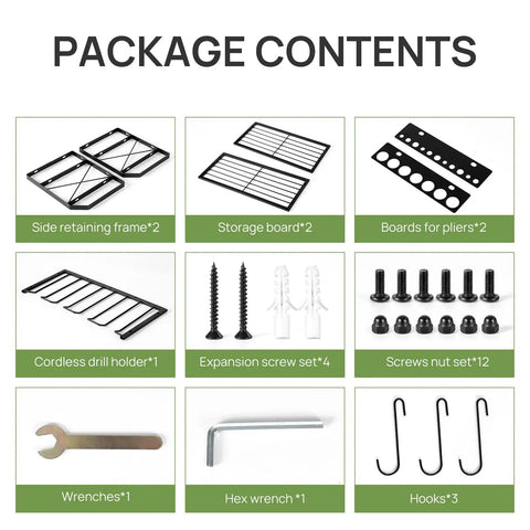 Package contents of Heavy Duty Pro Grade Power Tool Organizer Wall Mount Rack With 3 Layer Metal Drill Holder, including frames and tools.
