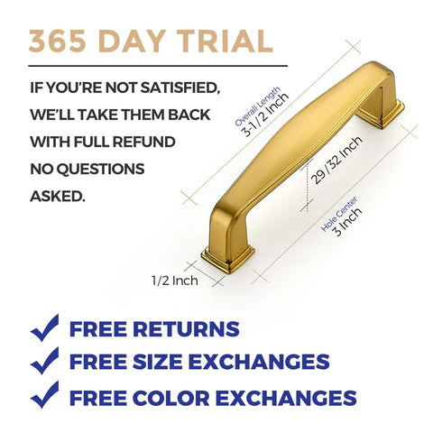 Top Shelf Gold Cabinet Handles And Bar Pulls For Kitchen Cupboards And Bathroom Drawers With Exact 3 Inch Center To Center Mounting, 3-1/2 inch length.