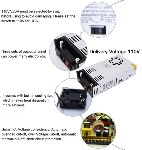 Beefy 12V 50A 600W DC Power Supply Converter From 110V 220V AC To 12V DC Adjustable Output showing cooling fan and terminals