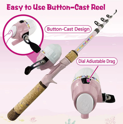 Kids Fishing Pole Set With Rod And Reel Combo Tackle Box Lures Net Bag Pink 59 Inch Sweet Starter Kit For Girls Beginners And Youth Anglers