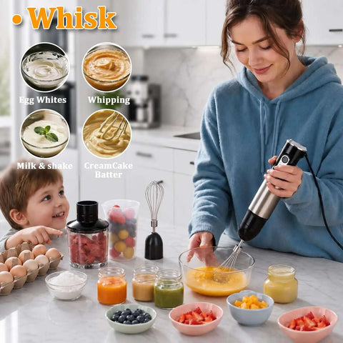 Heavy Duty Stainless Steel Immersion Blender With Turbo Control And Versatile Attachments For No Sweat Smoothie Blending Silky Soups Creamy Shakes And Easy Kitchen Work in use by a woman making eggs.