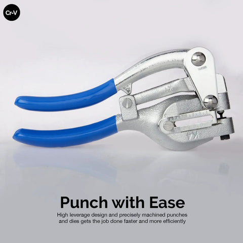 Handheld Power Punch Kit For Precise Holes In Sheet Metal Up To Sixteen Gauge with blue handles and chrome vanadium punches