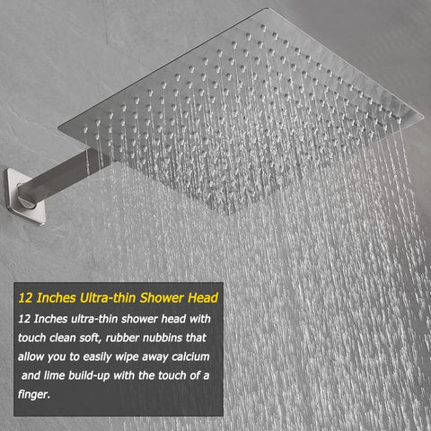 Brushed Nickel 12 Inch Luxury Rain Shower System With Handheld Combo featuring ultra-thin high pressure shower head in action