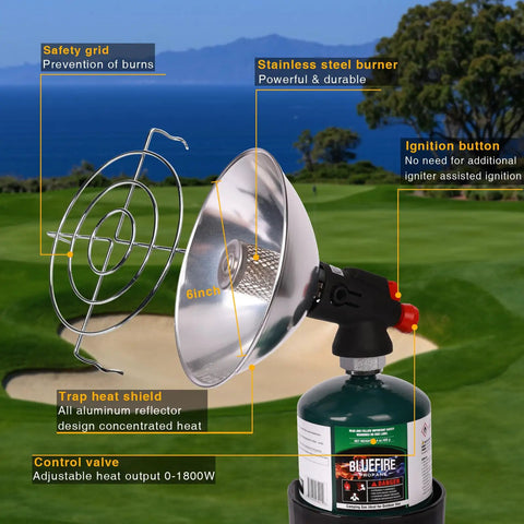 Portable Propane Golf Cart Heater With Cup Holder, 4100 BTU Self Ignition, cordless and installed on golf course