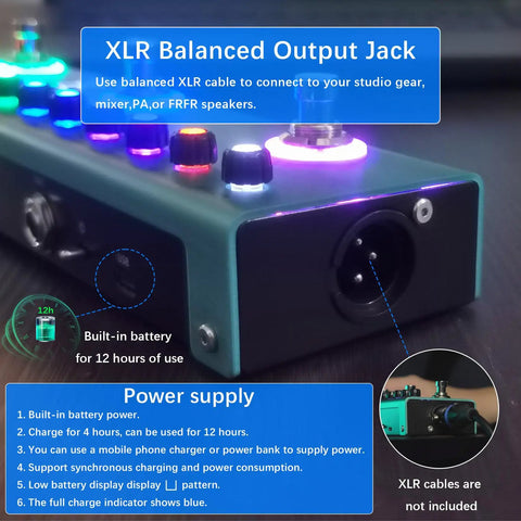 Close-up of Tank G Multi Effects Guitar Pedal With 36 Editable Presets And A 3000mAh Rechargeable Battery, showing XLR output and controls.