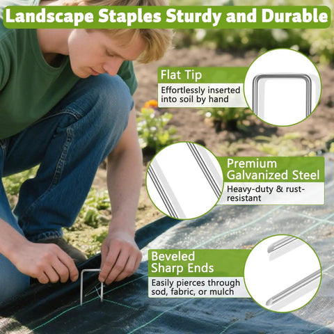 Man installing Heavy Duty 12 Inch Galvanized Landscape Staples For Weed Barriers And Lawn Projects on garden fabric
