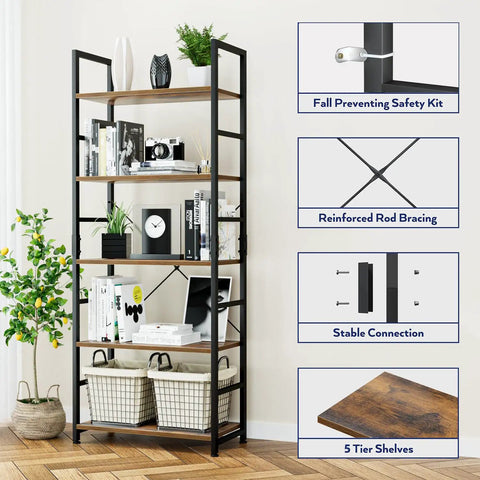 5 Tier Bookshelf Tall Bookcase Storage Organizer For Bedroom Living Room And Home Office Modern Durable Wood Shelving With Waterproof Panels Anti Scratch Finish Dope For Books Decor And Plants with safety features displayed.