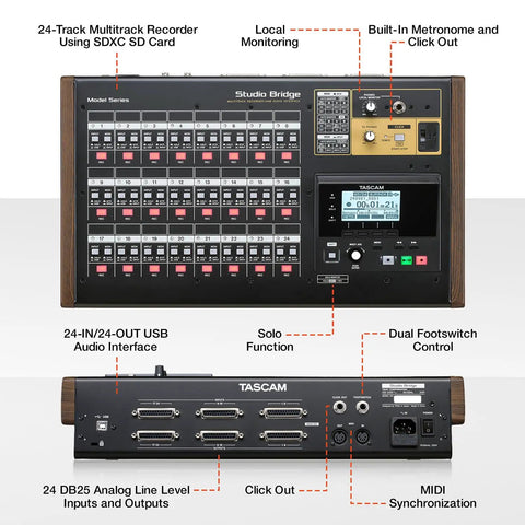 Studio Bridge 24 Channel Multi Track Recorder And USB Audio Interface With MIDI For Home Studio Recording front and back view.