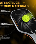 Close-up of pickleball paddle showing 14mm PP honeycomb core, and raw carbon fiberglass surface with spinning ball.