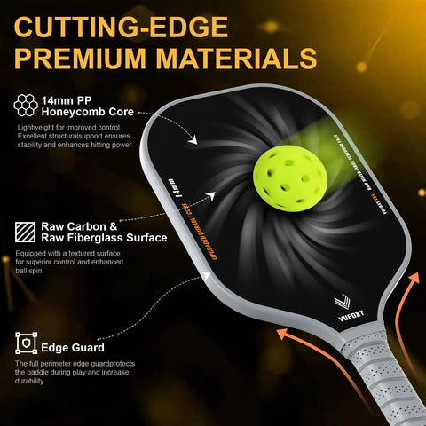 Close-up of pickleball paddle showing 14mm PP honeycomb core, and raw carbon fiberglass surface with spinning ball.