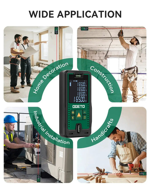 Ultra Precise Laser Distance Meter With 165 Feet Range, Dual Bubble Levels, used in various construction scenarios.