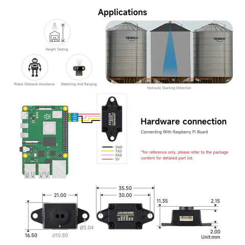Slick Design D ToF Laser Range Sensor For Pro Robotics Projects featuring compact unit, hardware connection with Raspberry Pi.