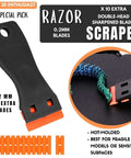 Pro Grade All In One Go To 3D Printer Scraper Kit With Four Blade Types and Ten Spare Blades shown with orange 0.2mm razor scraper