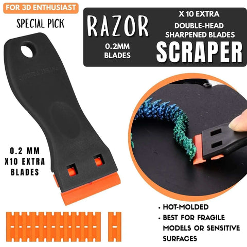 Pro Grade All In One Go To 3D Printer Scraper Kit With Four Blade Types and Ten Spare Blades shown with orange 0.2mm razor scraper