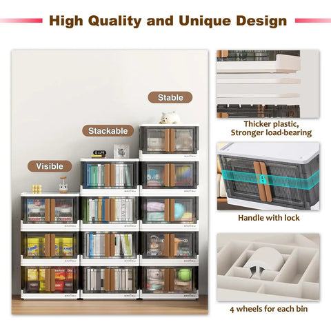 Stackable Storage Bins With Lids And Wheels Foldable 8.5 Gallon Totes Three Pack Collapsible Closet Organizers stacked and filled