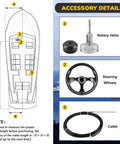 Diagram showing boat navigation components for "Boat Steering System With Thirteen Foot Cable Outboard Steering Kit Three Quarter Inch Standard Tapered Shaft Beefed Up Wheel Included For Yachts Fishing Boats And Other Watercraft And Accessories" including rotary helm, steering wheels, and cable, overlaying aerial view of ships at sea