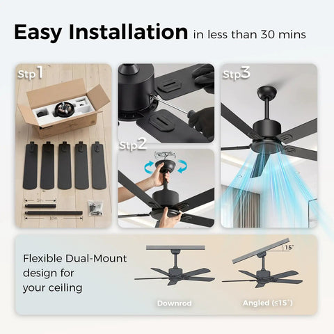 Installation steps for 52 Inch Black Modern Ceiling Fan No Light With Five Blades Dual Finish Six Speed Quiet DC Motor Reversible