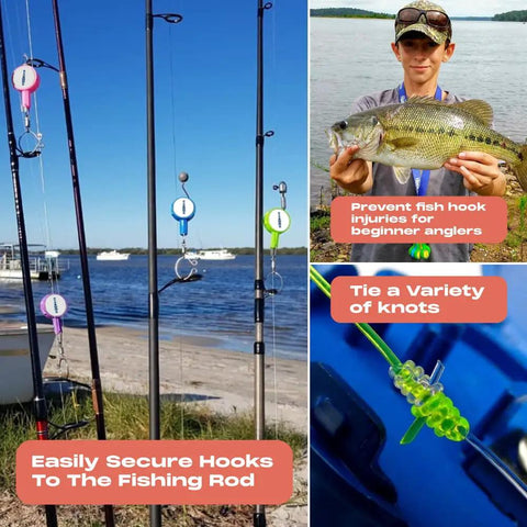 Knot Tying Tool For Safe Tackle With Hook Guard Cover And Built In Line Cutter, shown on fishing rods by a waterfront.