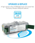 Replacement 14.4V NiMH Battery 3850mAh For iRobot Roomba 800 700 600 500 Series in packaging with capacity details.