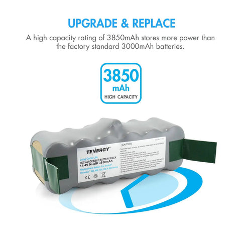 Replacement 14.4V NiMH Battery 3850mAh For iRobot Roomba 800 700 600 500 Series in packaging with capacity details.