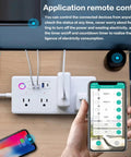 Smart power strip with remote control application showcased, featuring four AC outlets and USB ports for device management.