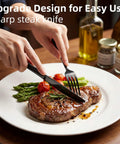 Person using black fork and knife from 4 Piece Stainless Steel Travel Utensils Set With Case to cut steak on plate.